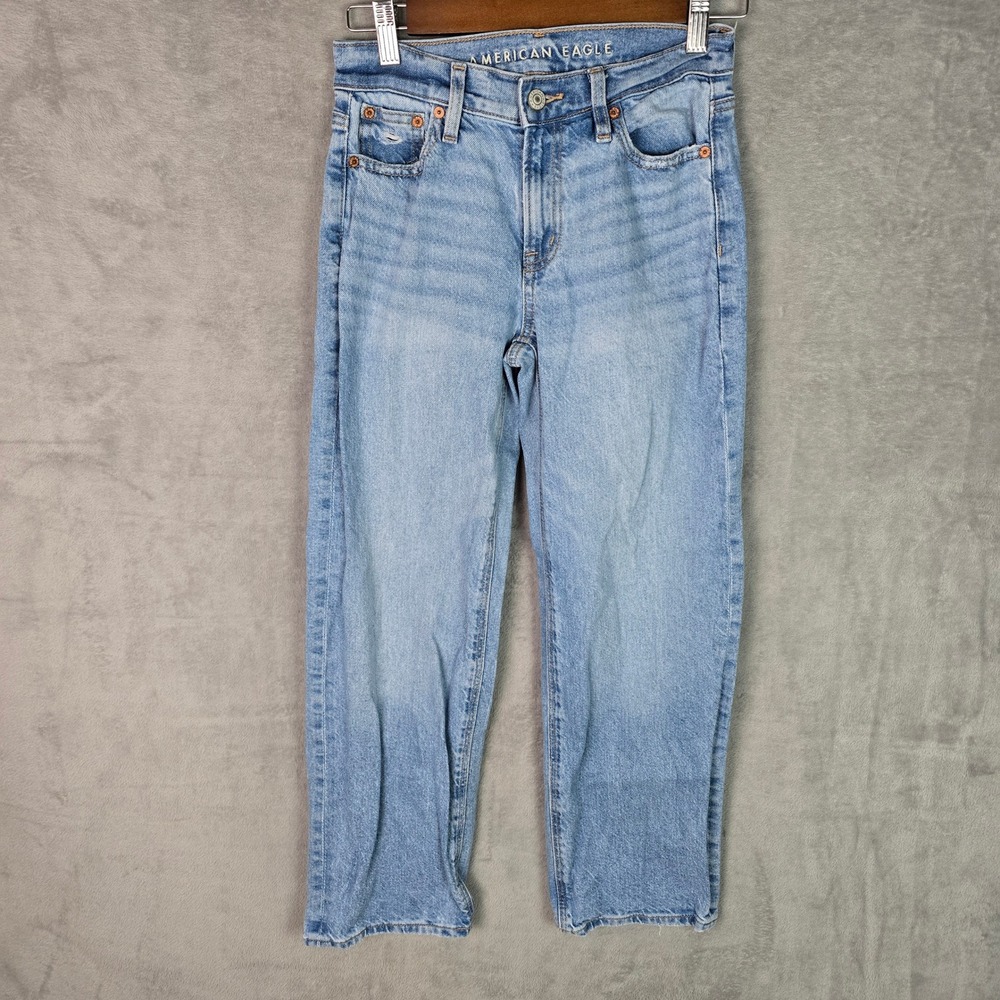American Eagle Stovepipe High Rise Straight Leg Jeans Light Wash 000 Short Blue